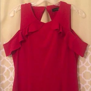 midi sheath w/cute back & off-the-shoulder ruffles